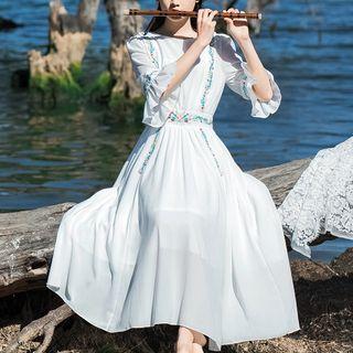 Elbow-sleeve Ruffle Chiffon A-line Dress