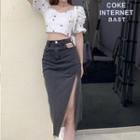 Short-sleeve Blouse / Slit Midi Denim Skirt