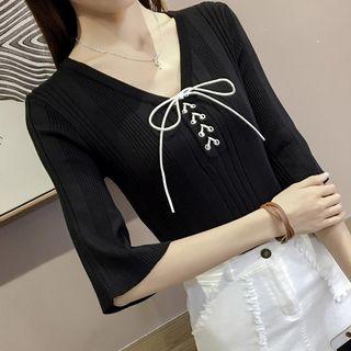 Elbow-sleeve V-neck Lace-up Knit Top