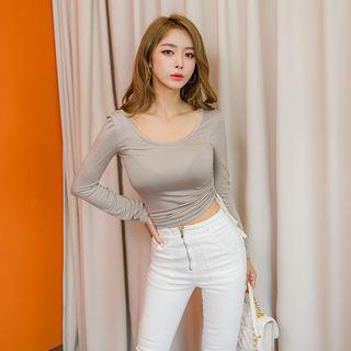 Scoop-neck Drawstring Cropped T-shirt