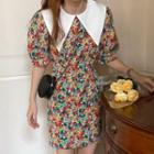 Floral Color Block Panel Elbow-sleeve Dress Red - One Size