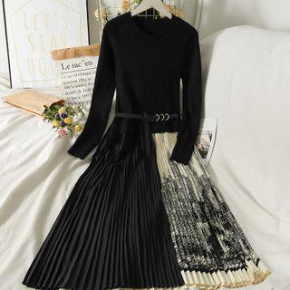 Patchwork Pleated Midi Dress With Belt