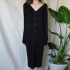 Buttoned Long-sleeve Knitted Midi Dress Black - One Size