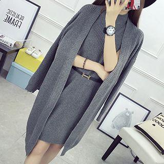 Set: Open-front Long Cardigan + Sleeveless Knit Dress