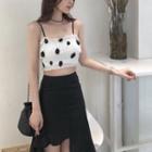 Spaghetti Strap Polka Dot Crop Top / Asymmetric Hem Mini A-line Skirt