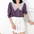 Elbow-sleeve Lace Collar Button Knit Top