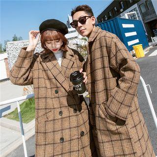 Couple Matching Plaid Double-breasted Long Woolen Coat