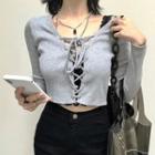 Lace-up Long-sleeve Cropped Top Gray - One Size