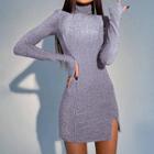Slit Mock-neck Long-sleeve Mini Bodycon Dress