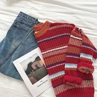 Color-block Crewneck Striped Long-sleeve Knit Sweater Red - One Size