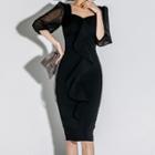 Dotted Mesh Panel Ruffle Trim Midi Bodycon Dress