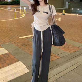 Short-sleeve Lettering Drawstring T-shirt / Wide Leg Pants
