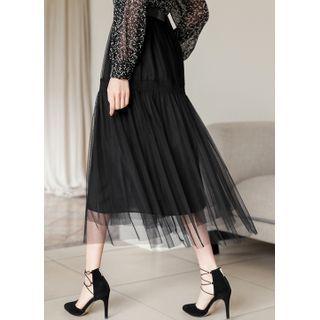 Smocked-trim Long Tulle Skirt