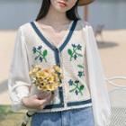 Floral Embroidered Panel Cardigan Blue - One Size