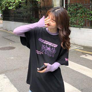 Elbow-sleeve Printed T-shirt / Long-sleeve Mesh T-shirt