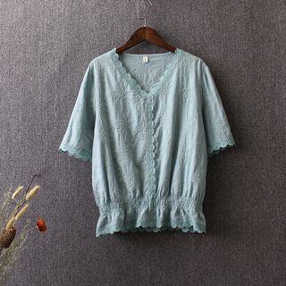 Scallop Trim V-neck Elbow Sleeve T-shirt