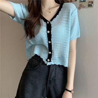 Short-sleeve Contrast Trim Pointelle Knit Top