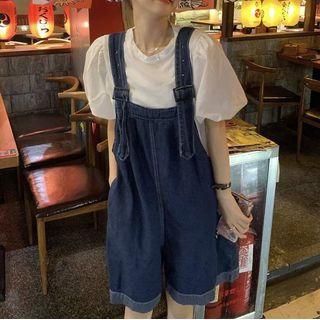 Puff-sleeve Top / Wide Leg Denim Jumper Shorts