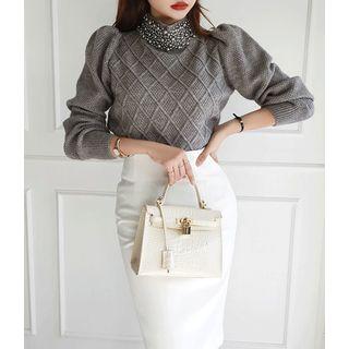 Mock-neck Embellished Cable-knit Top