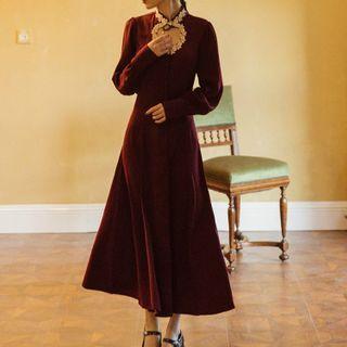 Long-sleeve Cutout-front Midi A-line Dress