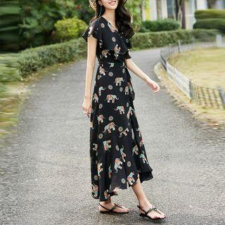 Elephant Print Short Sleeve Midi Dress
