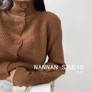 Bubble-sleeve High-neck Button-up Sweater