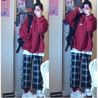 Zipped Hoodie / Long-sleeve T-shirt / Plaid Pants