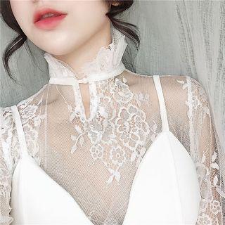 Ruffle Mock Neck Lace Sheer Top