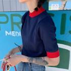 Short-sleeve Contrast Trim Knit Top Red & Blue - One Size