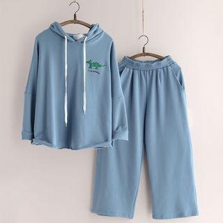 Set: Crocodile Embroidered Hoodie + Wide Leg Pants