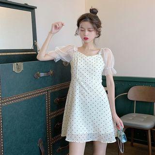 Puff-sleeve Mesh Paneled Polka Dot A-line Dress