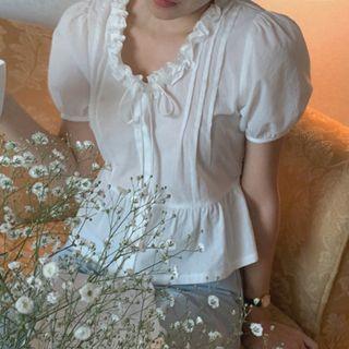 Short-sleeve Ruffle Bow Detail Blouse