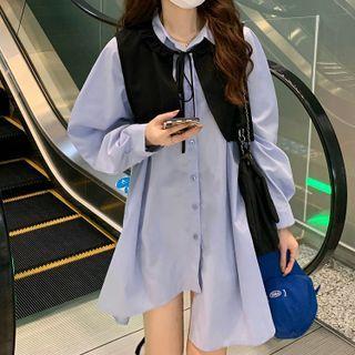 Long-sleeve Asymmetrical Hem Mini Shirtdress / Tie-strap Cropped Vest