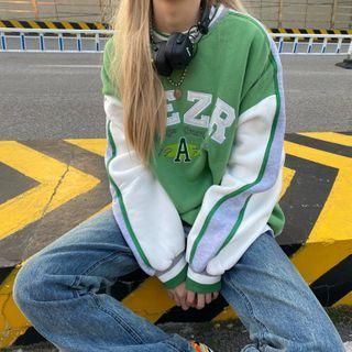 Long-sleeve Color Block Letter Embroidered Pullover