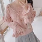 Bell-sleeve Ruffled Pointelle Knit Sweater Pink - One Size