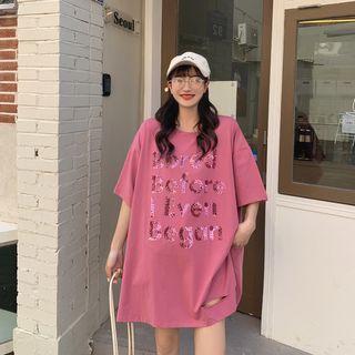 Short-sleeve Sequined Lettering Distressed T-shirt
