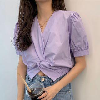 V-neck Twist-front Cropped Blouse
