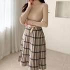 Mock-turtleneck Tie-waist A-line Knit Dress Almond - One Size