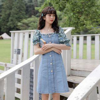 Floral Print Panel Puff-sleeve Mini A-line Denim Dress