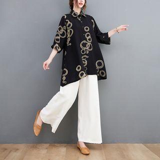 Puff-sleeve Patterned Shirt / Wide Leg Cropped Pants / Set