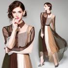 Long-sleeve Sheer Color Block Midi Dress