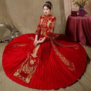 Set: Embroidered Beaded Chinese Wedding Cheongsam + Maxi Skirt + Headpiece + Earring