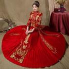 Set: Embroidered Beaded Chinese Wedding Cheongsam + Maxi Skirt + Headpiece + Earring