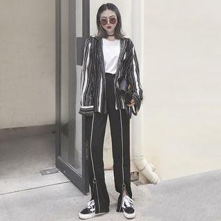 Striped Long-sleeve Chiffon Blouse / Zip Detail Wide Leg Pants