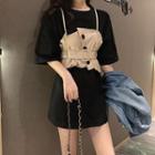 Set: Elbow-sleeve Mini A-line T-shirt Dress + Belted Button Vest