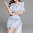 Short-sleeve Floral Applique Cutout Mini Sheath Dress