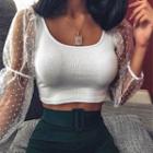 Dotted Puff-sleeve Cropped Top