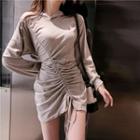 Long-sleeve Drawstring-detail Mini Bodycon Hoodie Dress Gray - One Size
