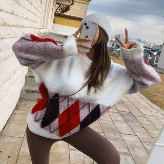 Fluffy Argyle Oversized Sweater
