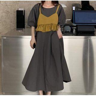 Puff-sleeve A-line Midi Dress / Spaghetti Strap Frill Trim Top